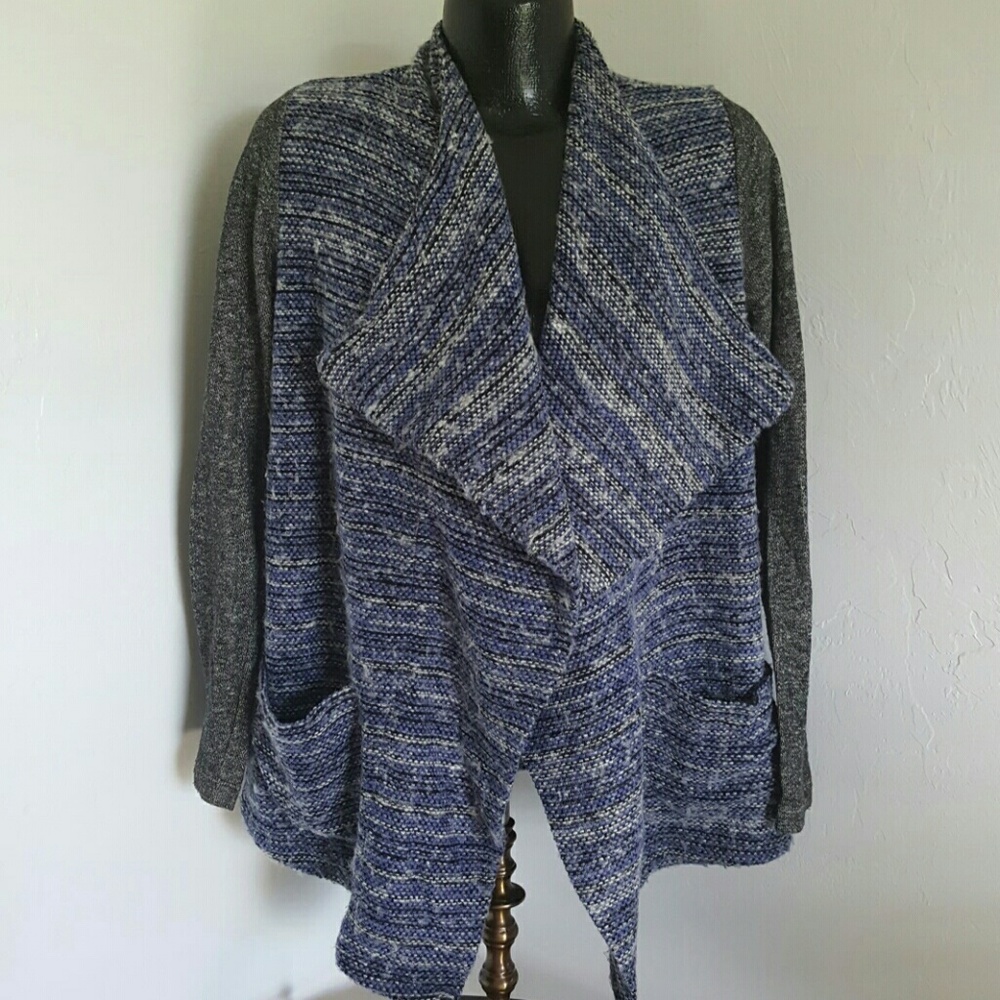 Lucky Brand women sweater cardigan open front cotton wool acrylic blue size L